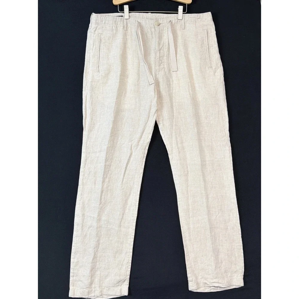 Perry Ellis Pants Mens 34x32 Beige 100% Linen Drawstring Lightweight Beach Relax